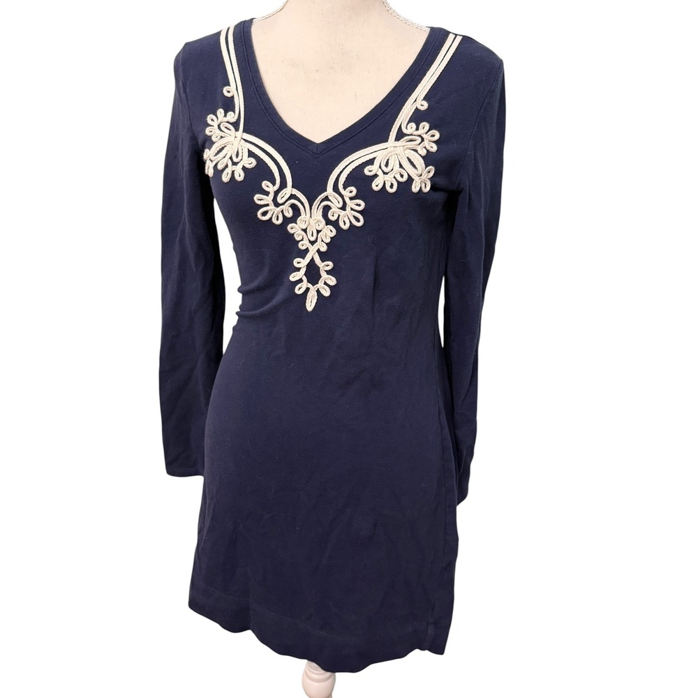 Lilly Pulitzer Navy Blue Soutache Embroidered V-Neck Long Sleeve Dress XS